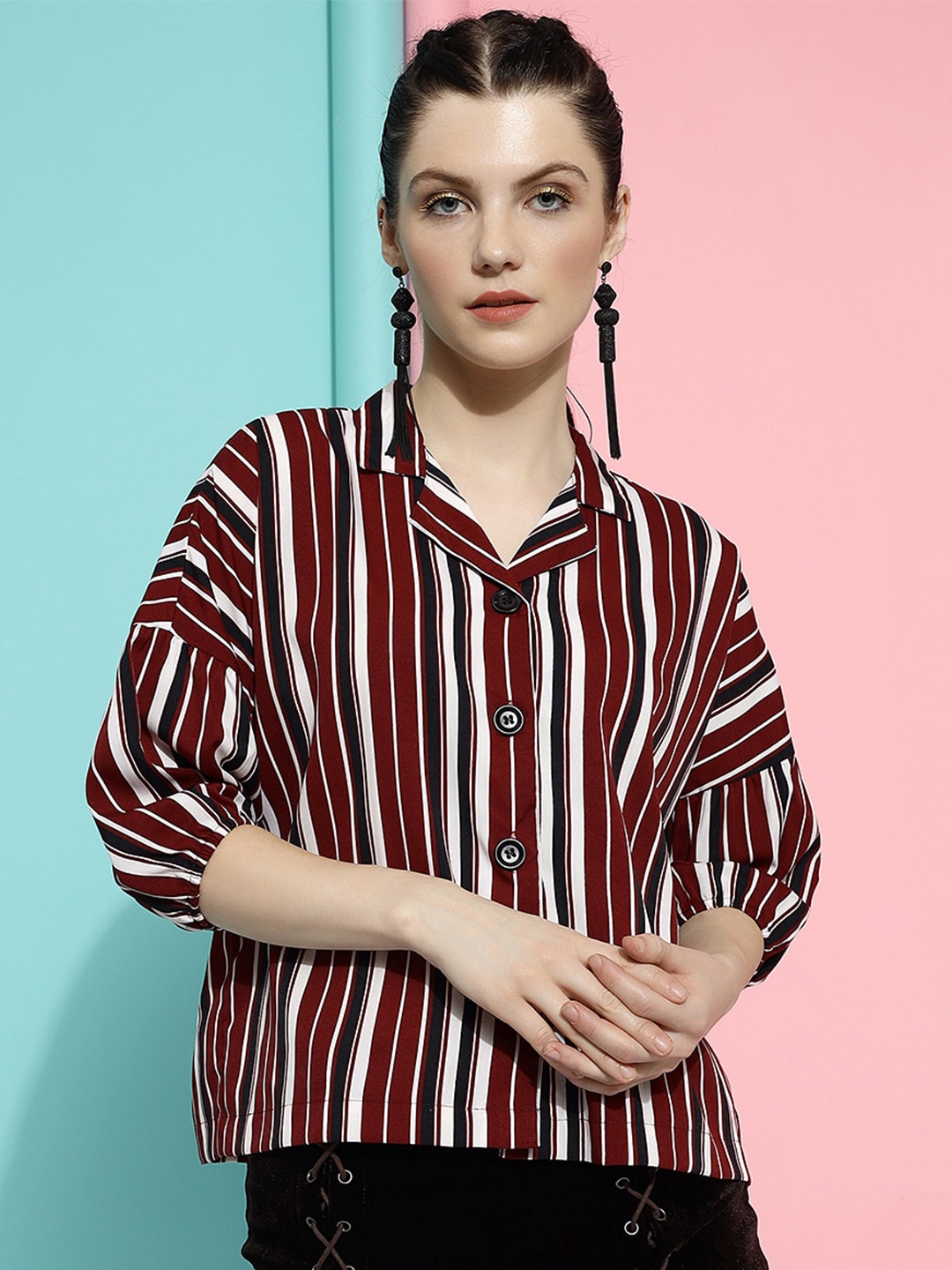 

DressBerry Maroon Striped Crepe Shirt Style Top