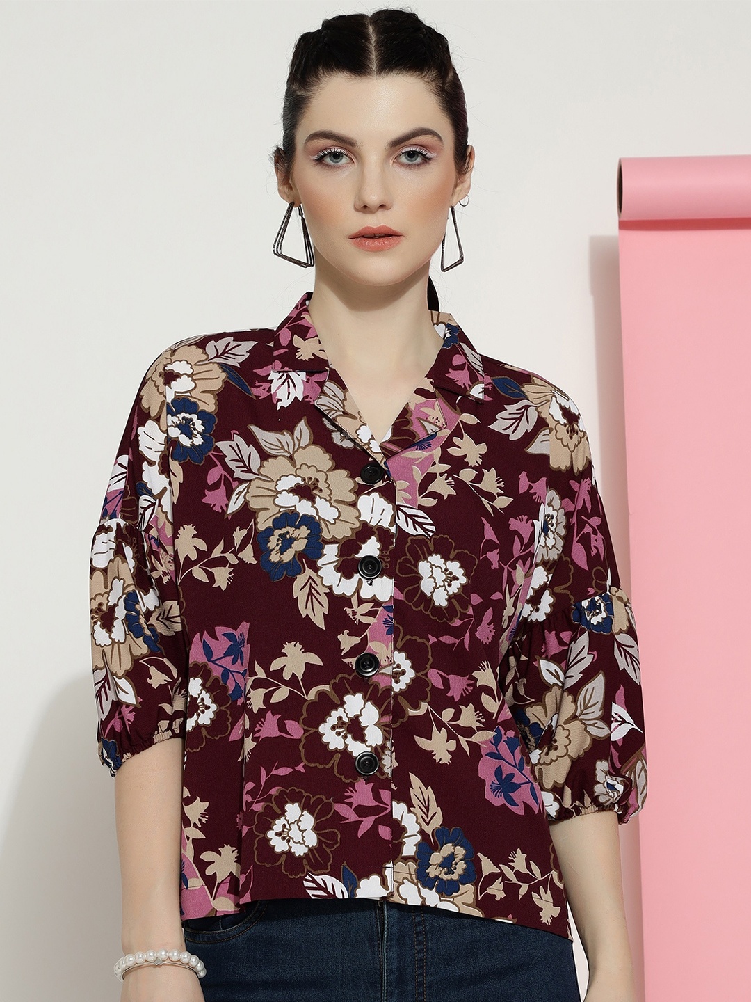 

DressBerry Maroon Floral Printed Crepe Shirt Style Top