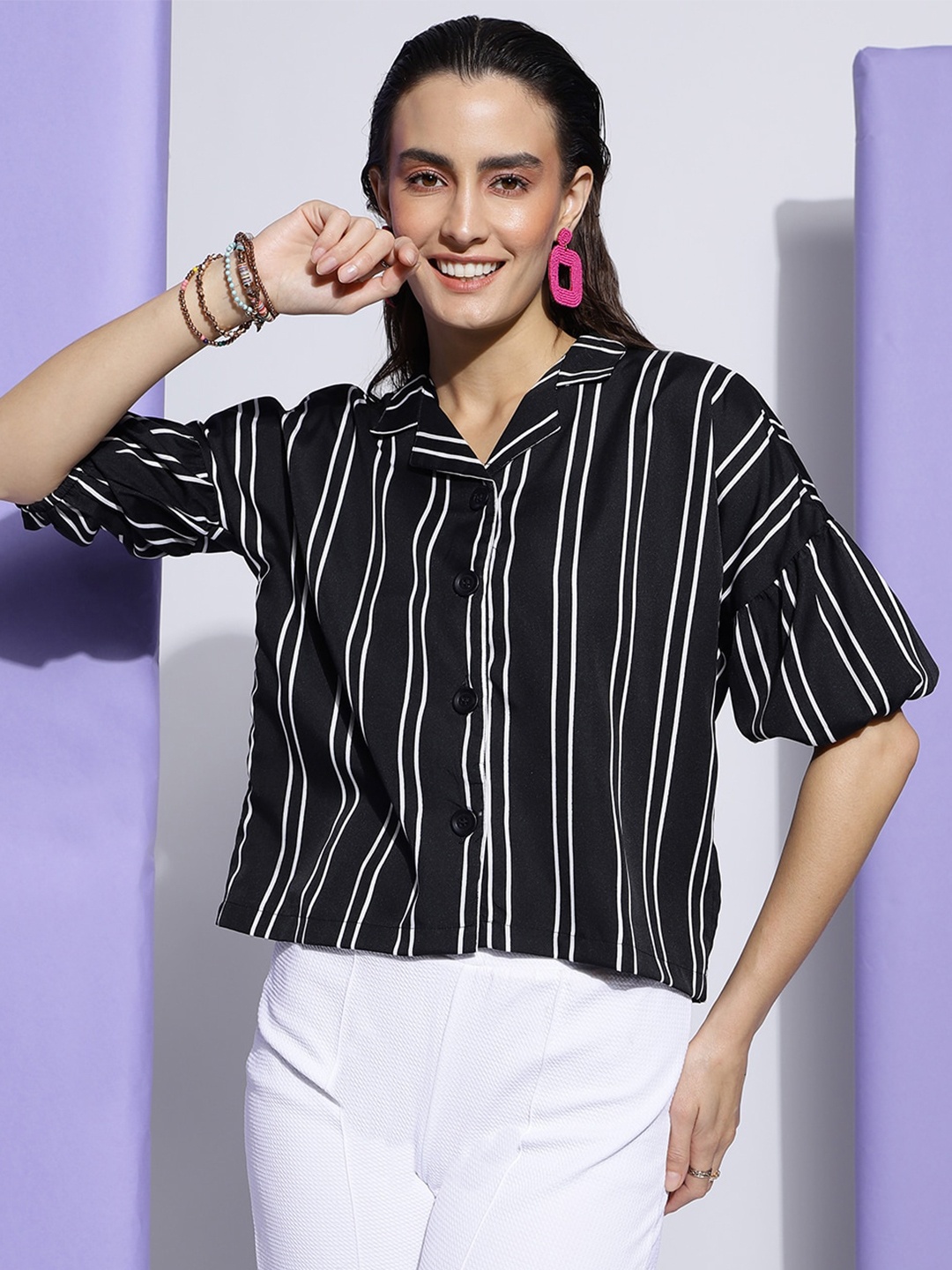 

DressBerry Striped Puff Sleeve Shirt Style Top, Black