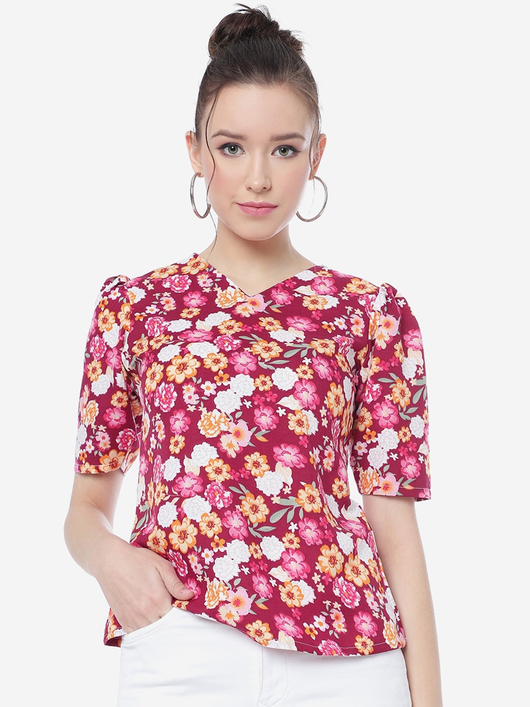 

DressBerry Pink Floral Printed V-Neck Puff Sleeves Top