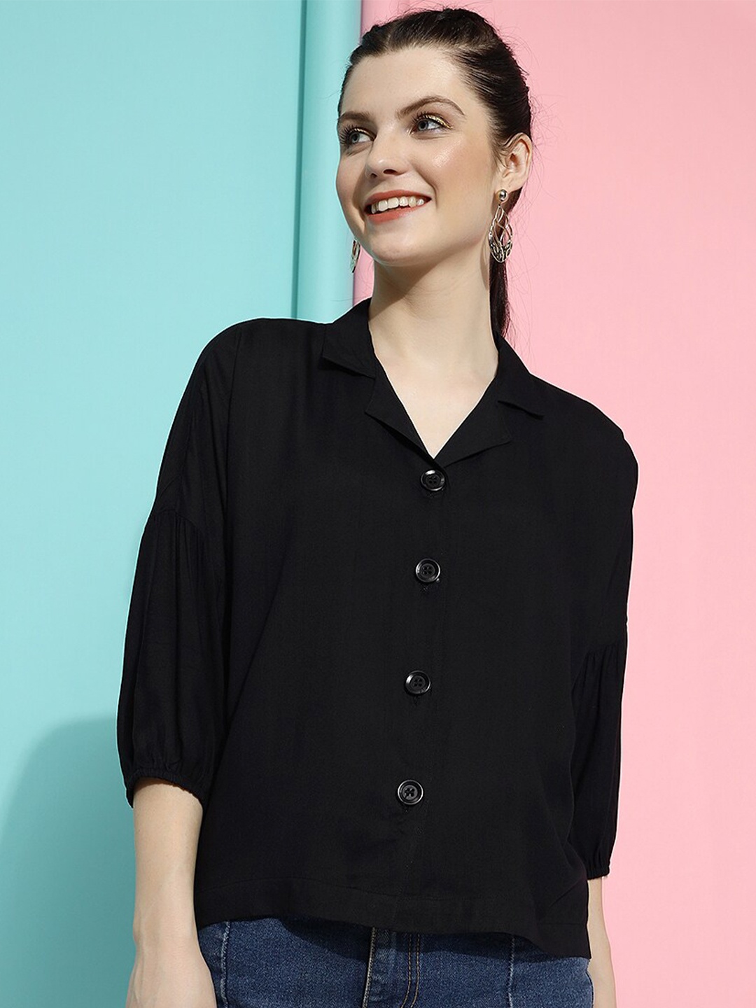 

DressBerry Black Puff Sleeves Shirt Style Top