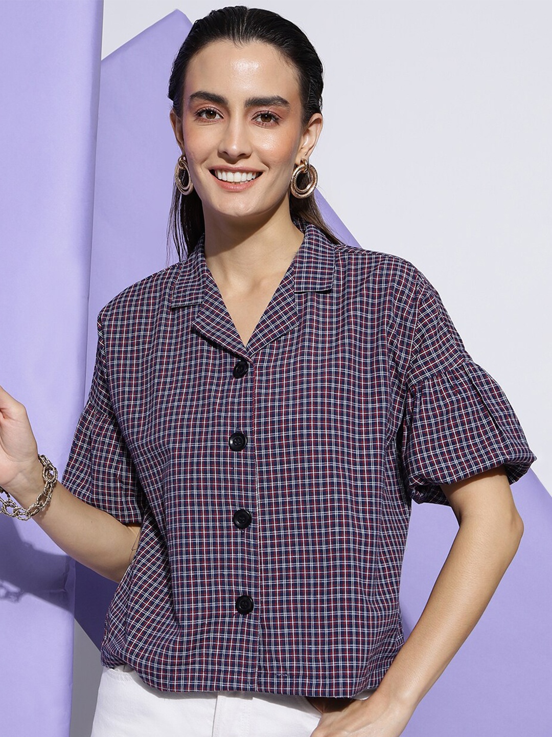 

DressBerry Magenta Checked Bell Sleeves Cotton Shirt Style Top