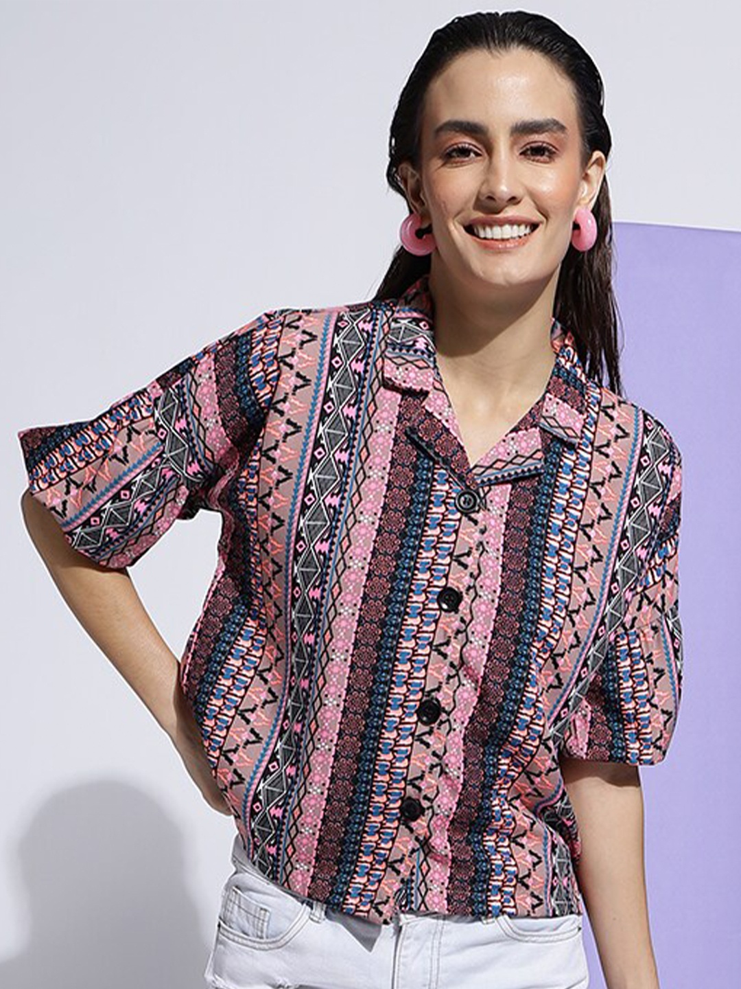 

DressBerry Pink Ethnic Motifs Printed Shirt Collar Puff Sleeves Shirt Style Top