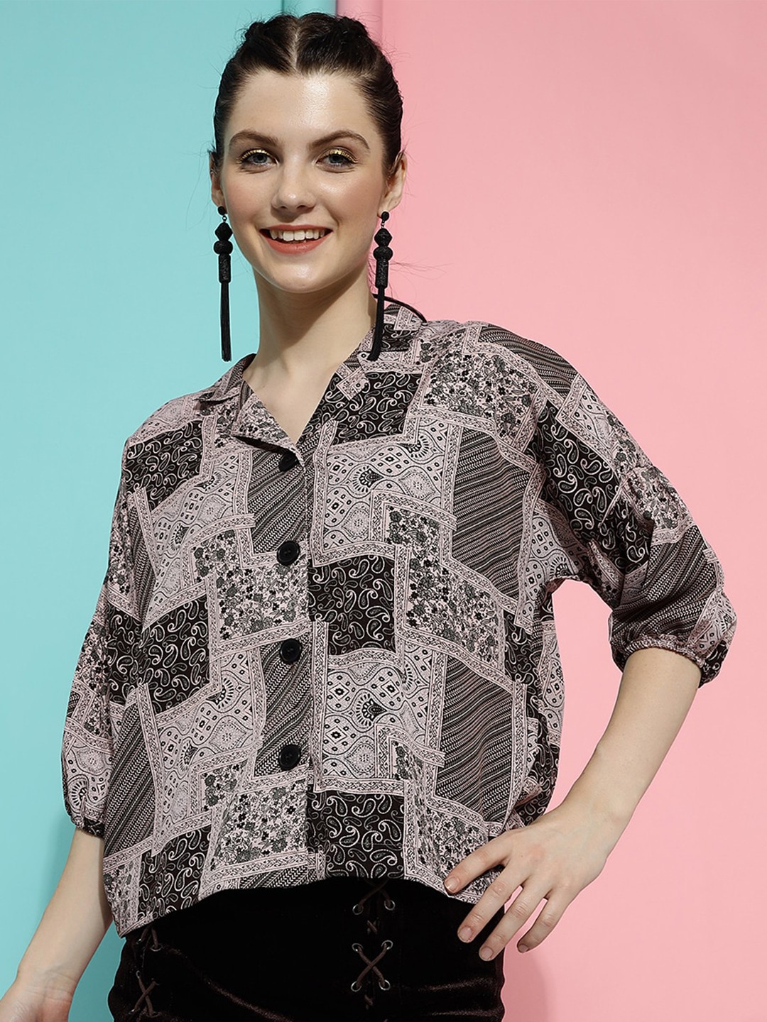 

DressBerry Black Ethnic Motifs Printed Lapel Collar Crepe Shirt Style Top