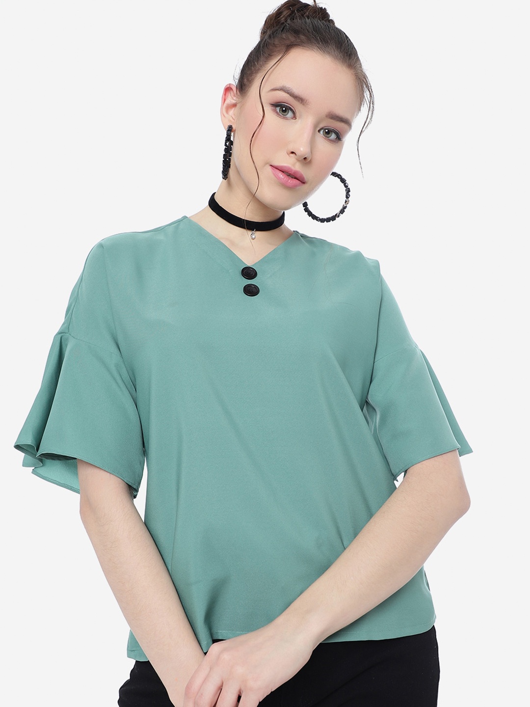 

DressBerry Teal V-Neck Bell Sleeve Crepe Top