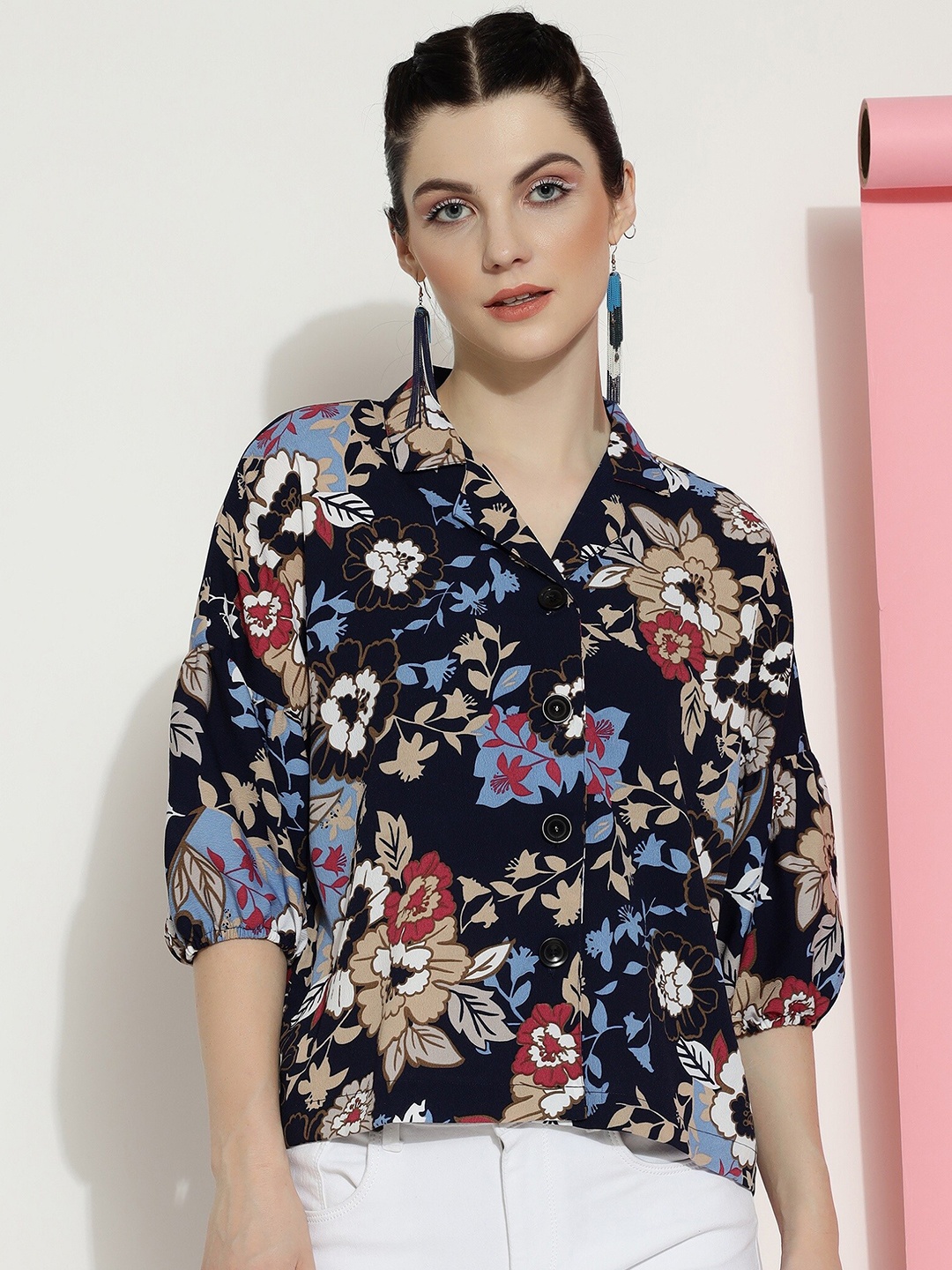 

DressBerry Navy Blue Floral Print Crepe Shirt Style Top