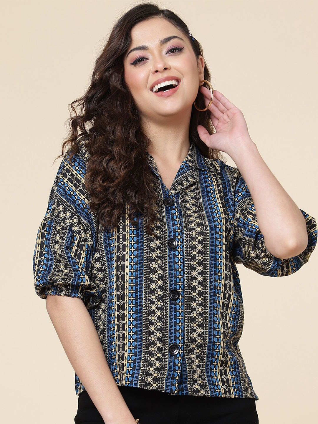 

DressBerry Blue Ethnic Motifs Printed Lapel Collar Puff Sleeves Shirt Style Top