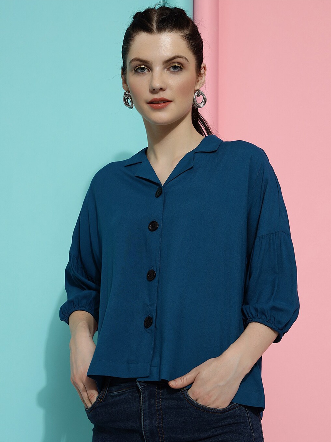 

DressBerry Taupe Lapel Collar Puff Sleeves Cotton Shirt Style Top, Teal
