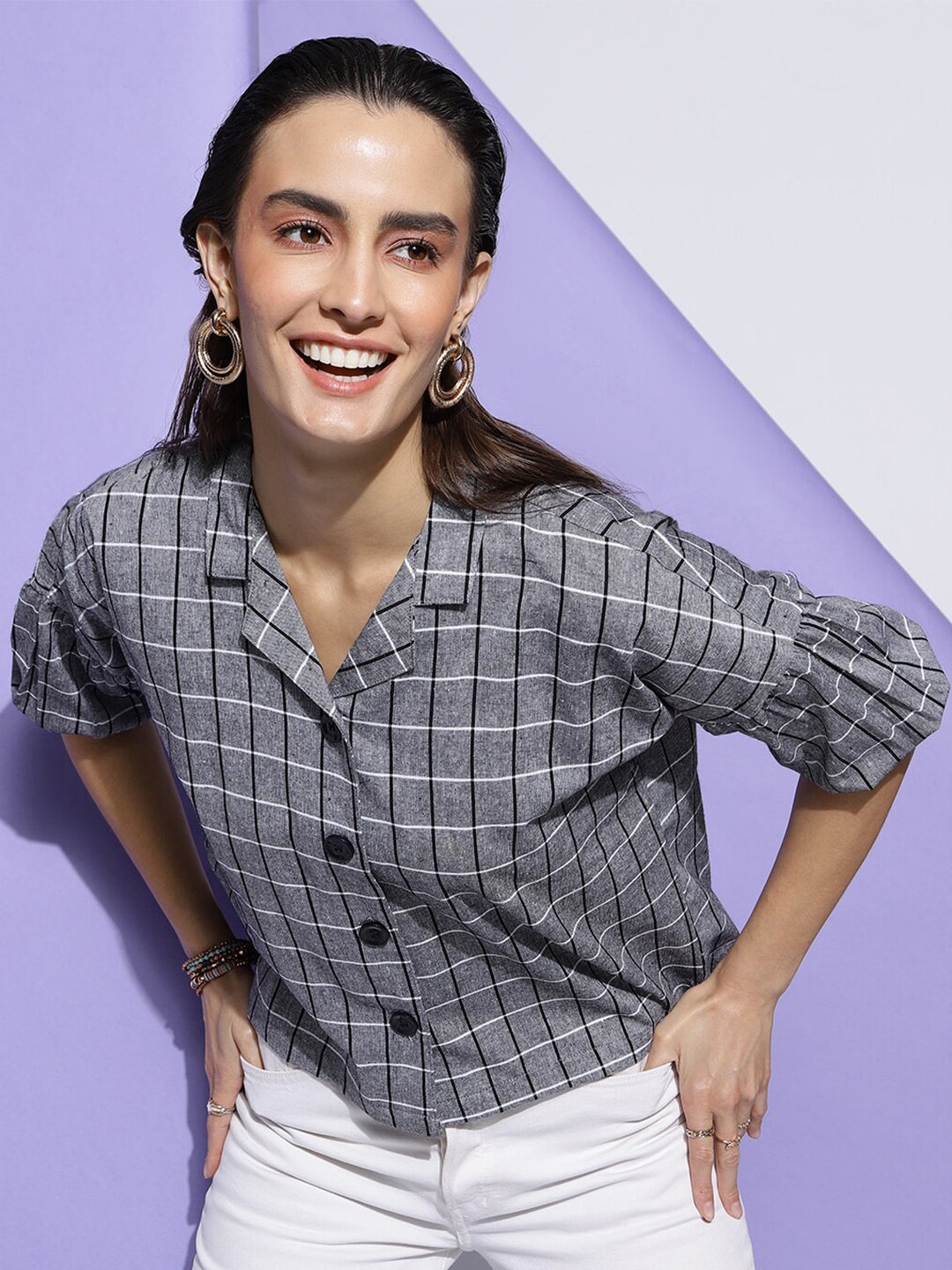 

DressBerry Grey Checked Puff Sleeves Cotton Shirt Style Top