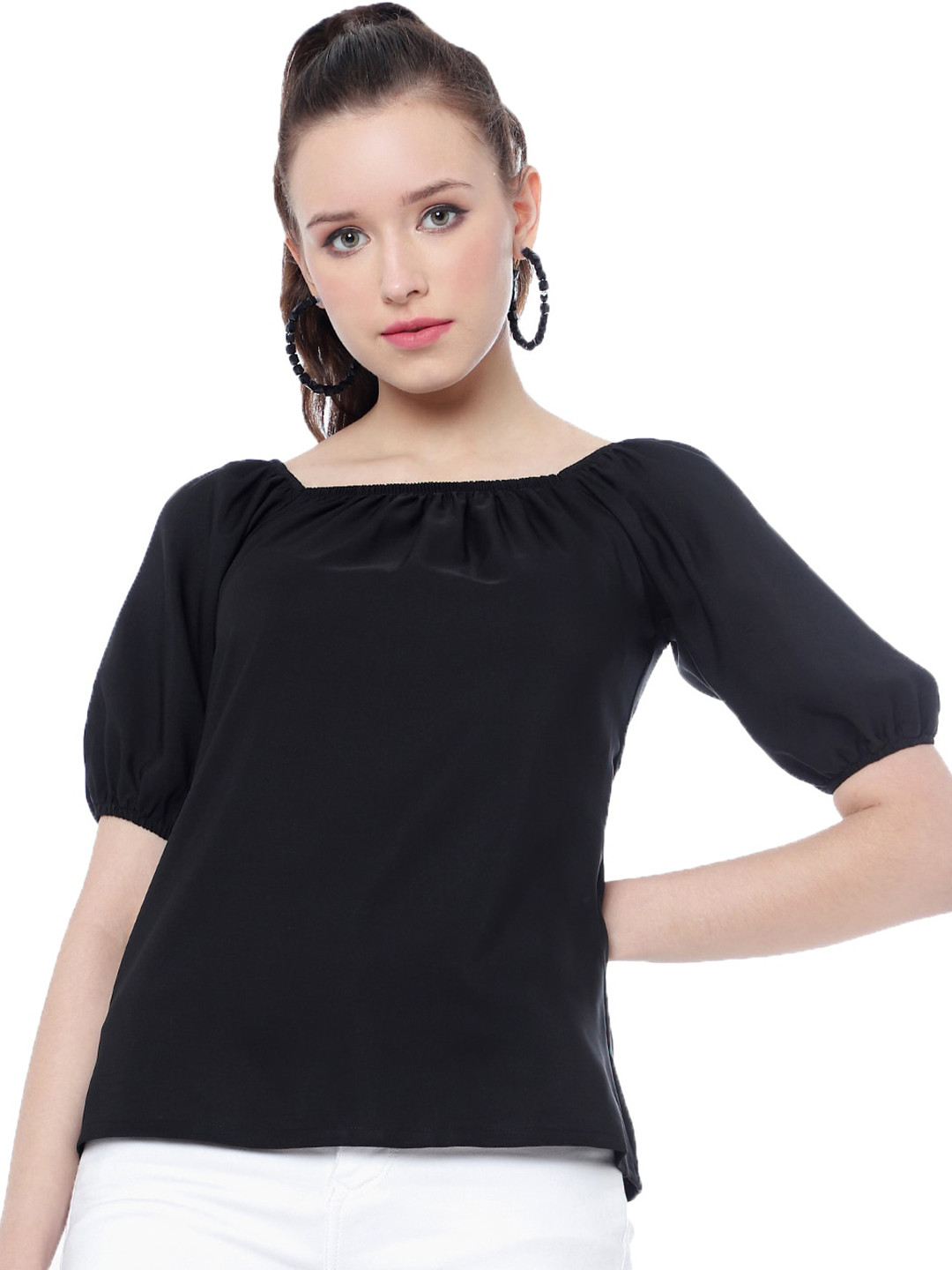 

DressBerry Black Square Neck Puff Sleeve Top