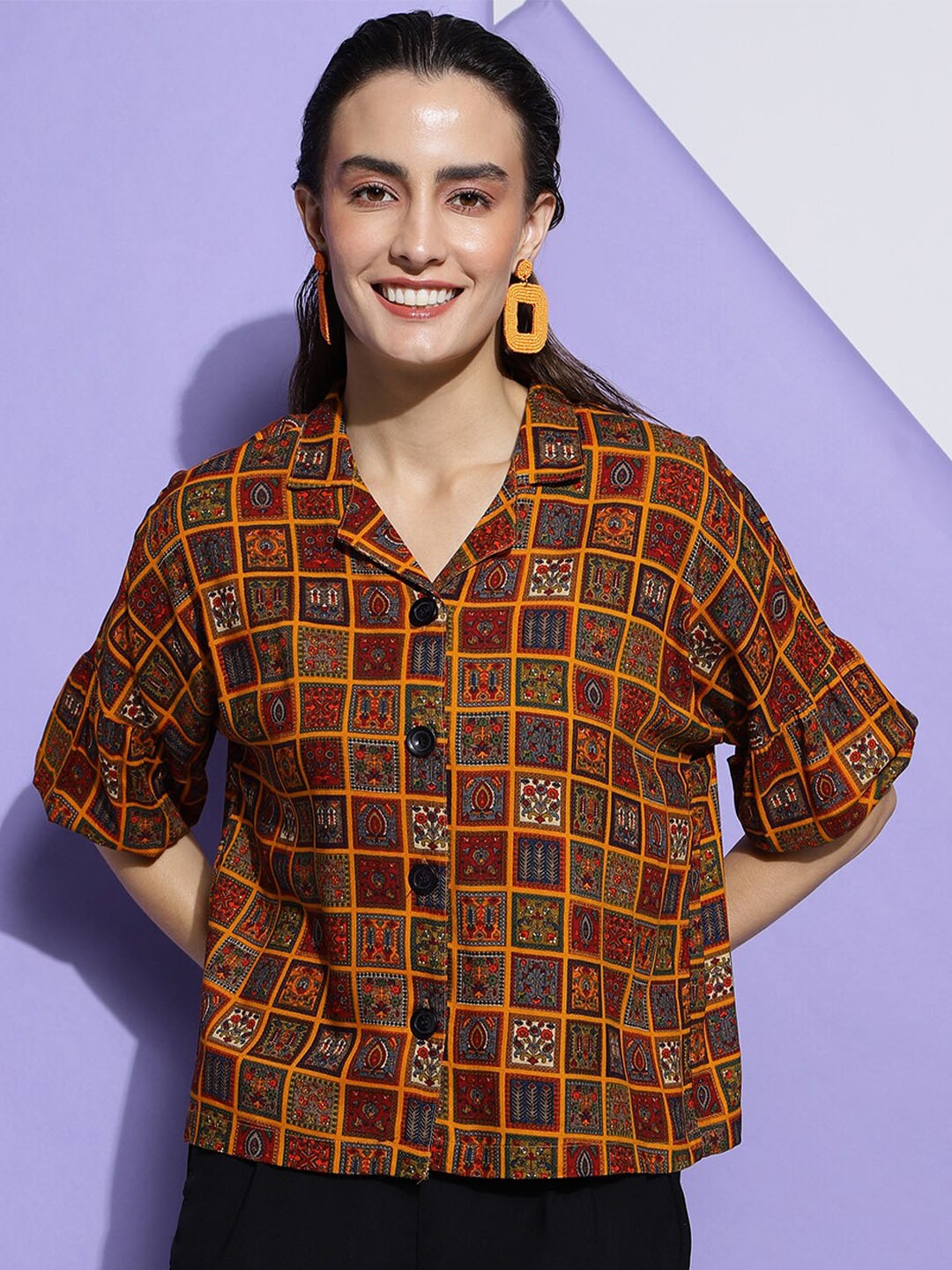 

DressBerry Mustard Ethnic Motifs Printed Georgette Shirt Style Top