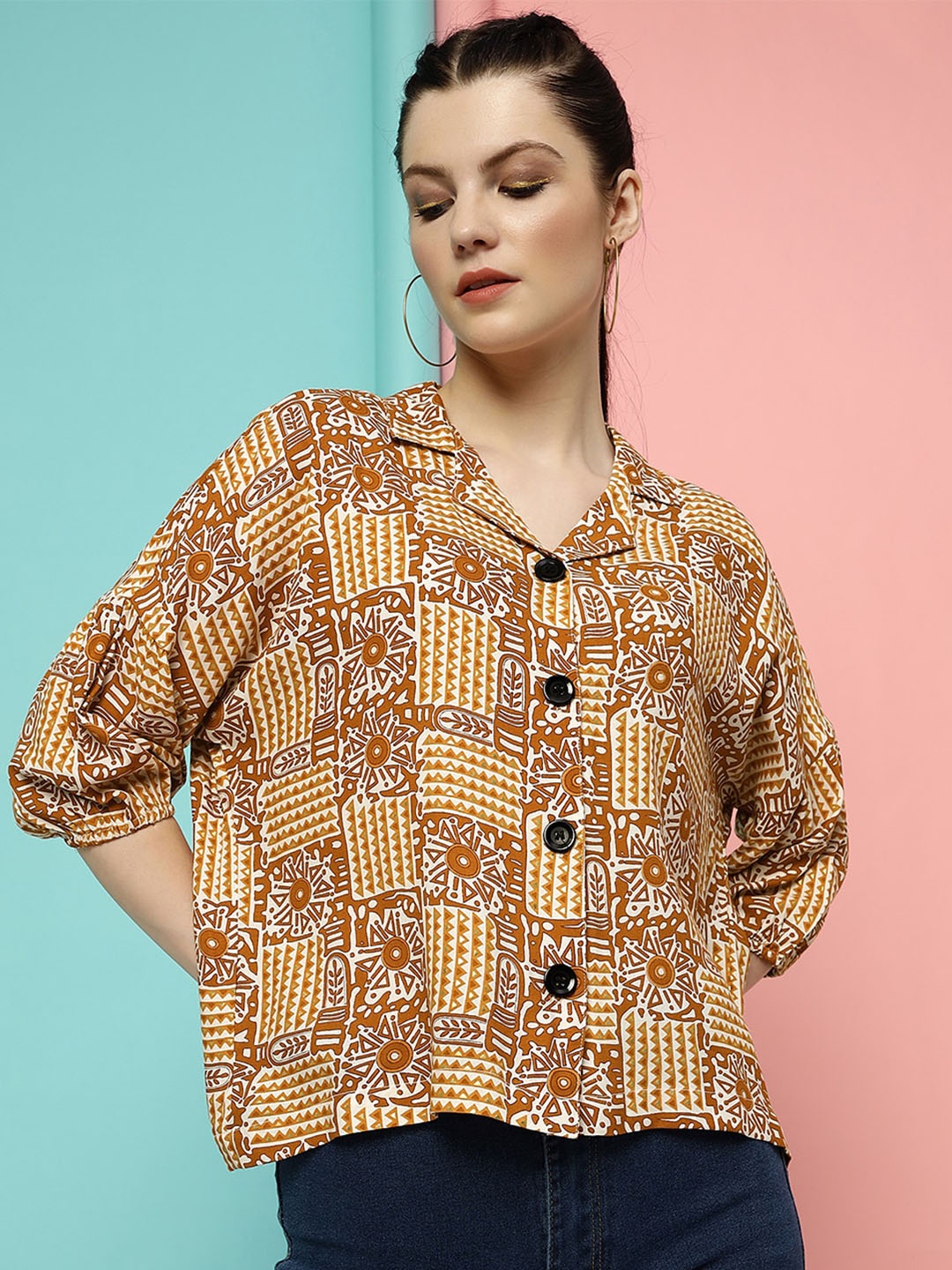 

DressBerry Orange Floral Printed Shirt Style Top