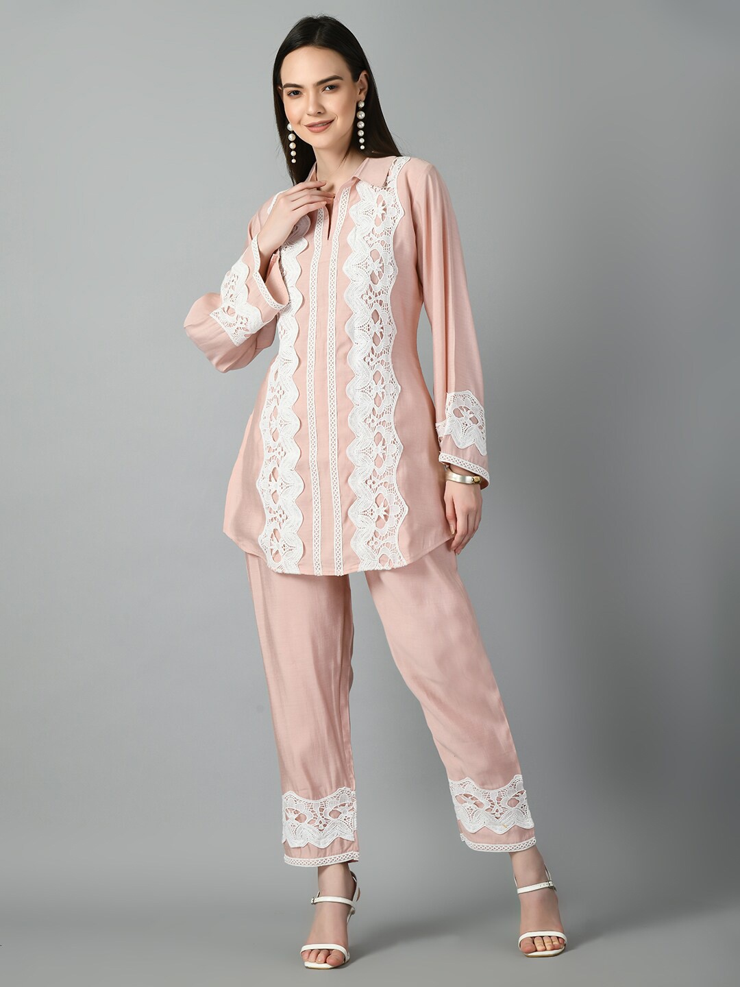 

MEESAN Self Design Shirt Collar Tunic With Trouser, Peach