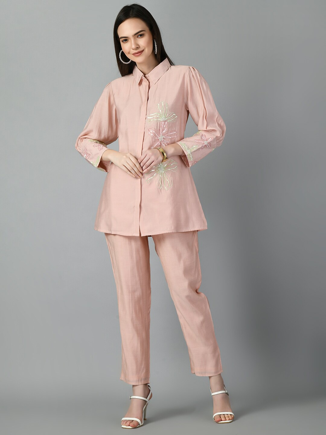 

SAZRIKA Floral Embroidered Shirt Collar Shirt And Trouser, Peach