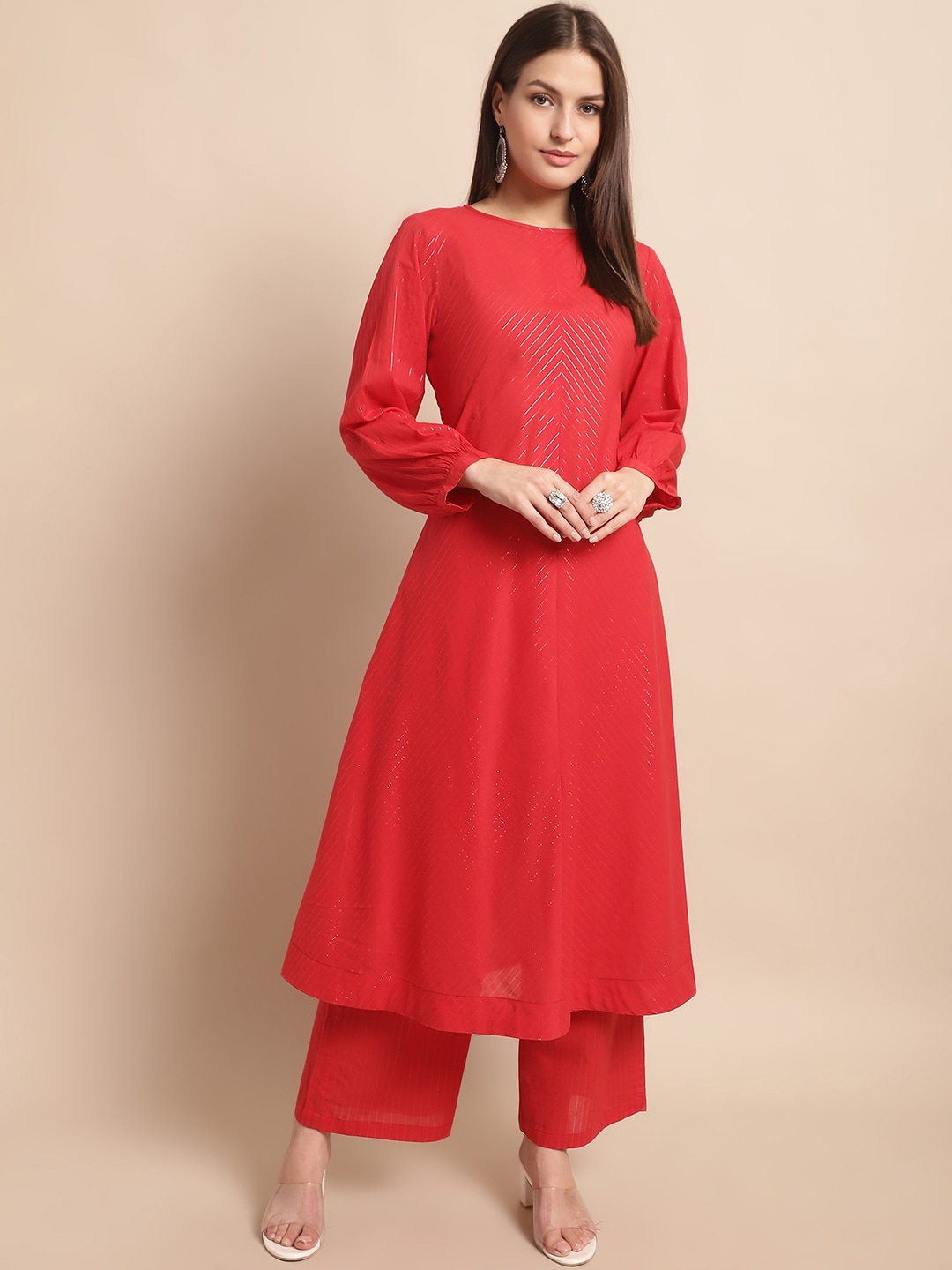 

Kamayra Striped Puff Sleeves A-Line Pure Cotton Kurta With Palazzos, Red