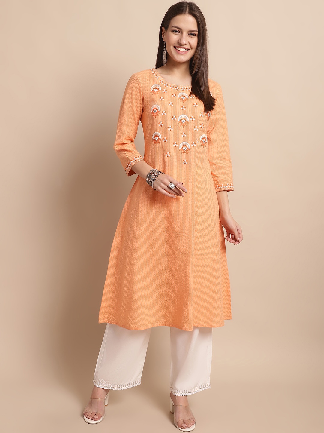 

Kamayra Floral Yoke Design Regular Pure Cotton Kurta with Palazzos, Orange