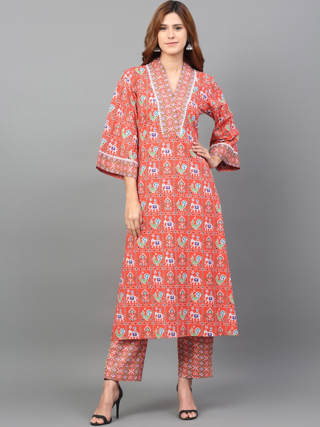 

Kamayra Ethnic Motifs Printed Pure Cotton A-Line Kurta With Trousers & Dupatta, Orange