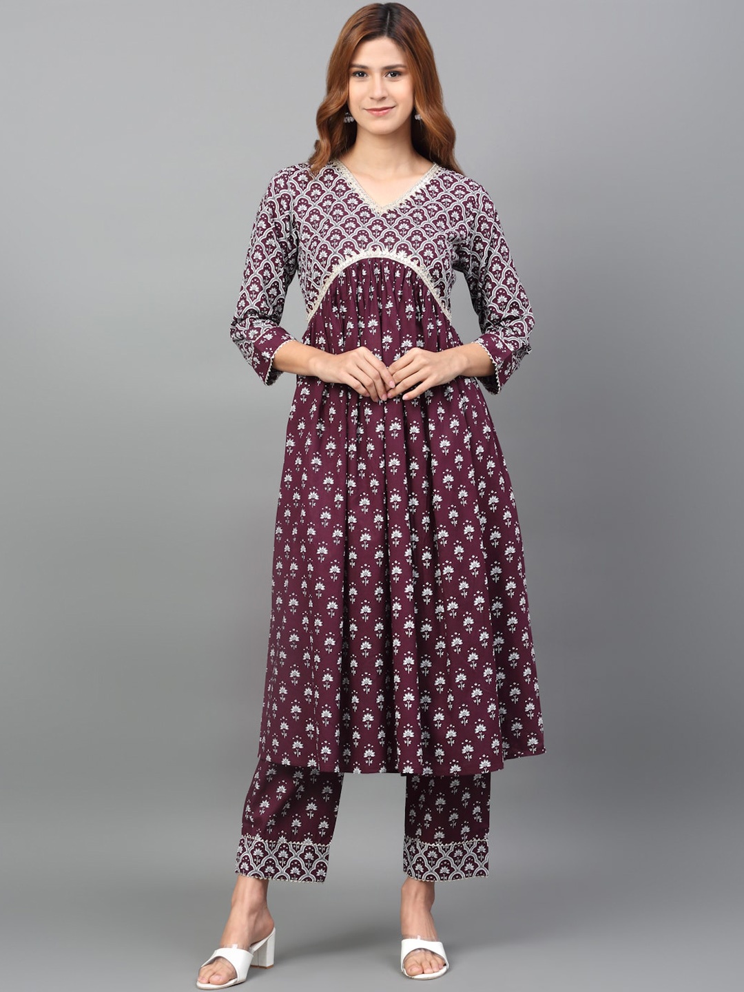 

Kamayra Ethnic Motifs Printed Gotta Patti Pure Cotton Empire Kurta With Trousers & Dupatta, Coffee brown