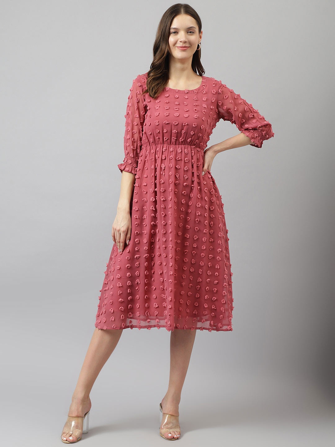 

BAESD Round Neck Dobby Puff Sleeve Fit & Flare Midi Dress, Pink