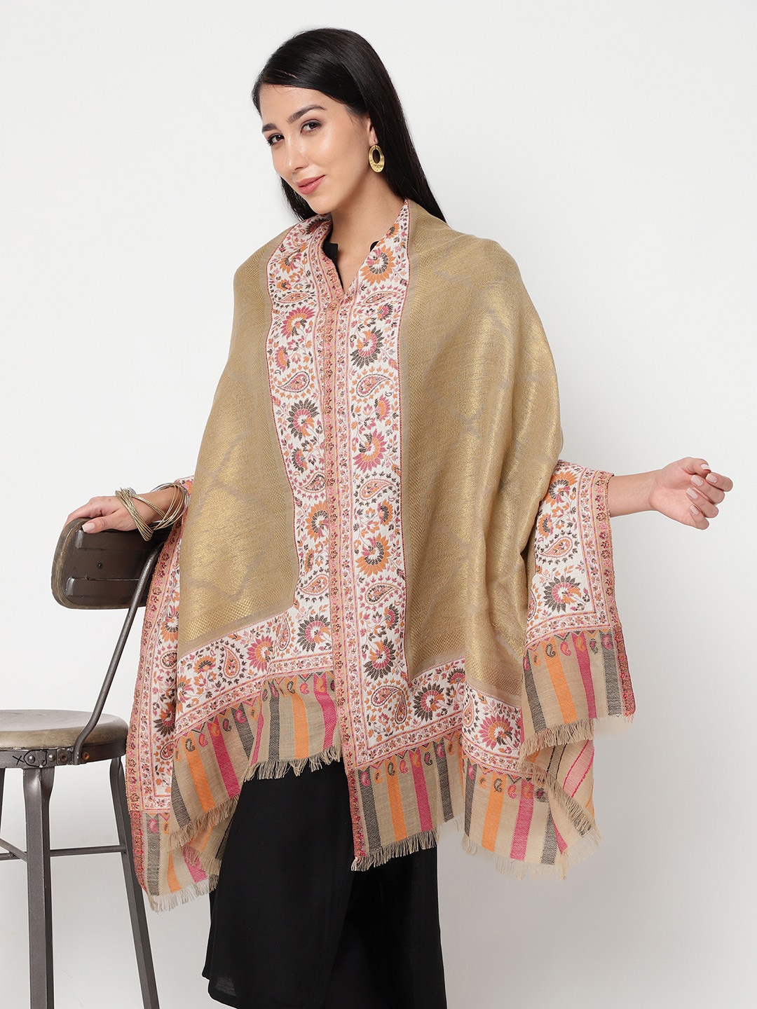 

La Vastraa Woven Design Woolen Shawl, Beige