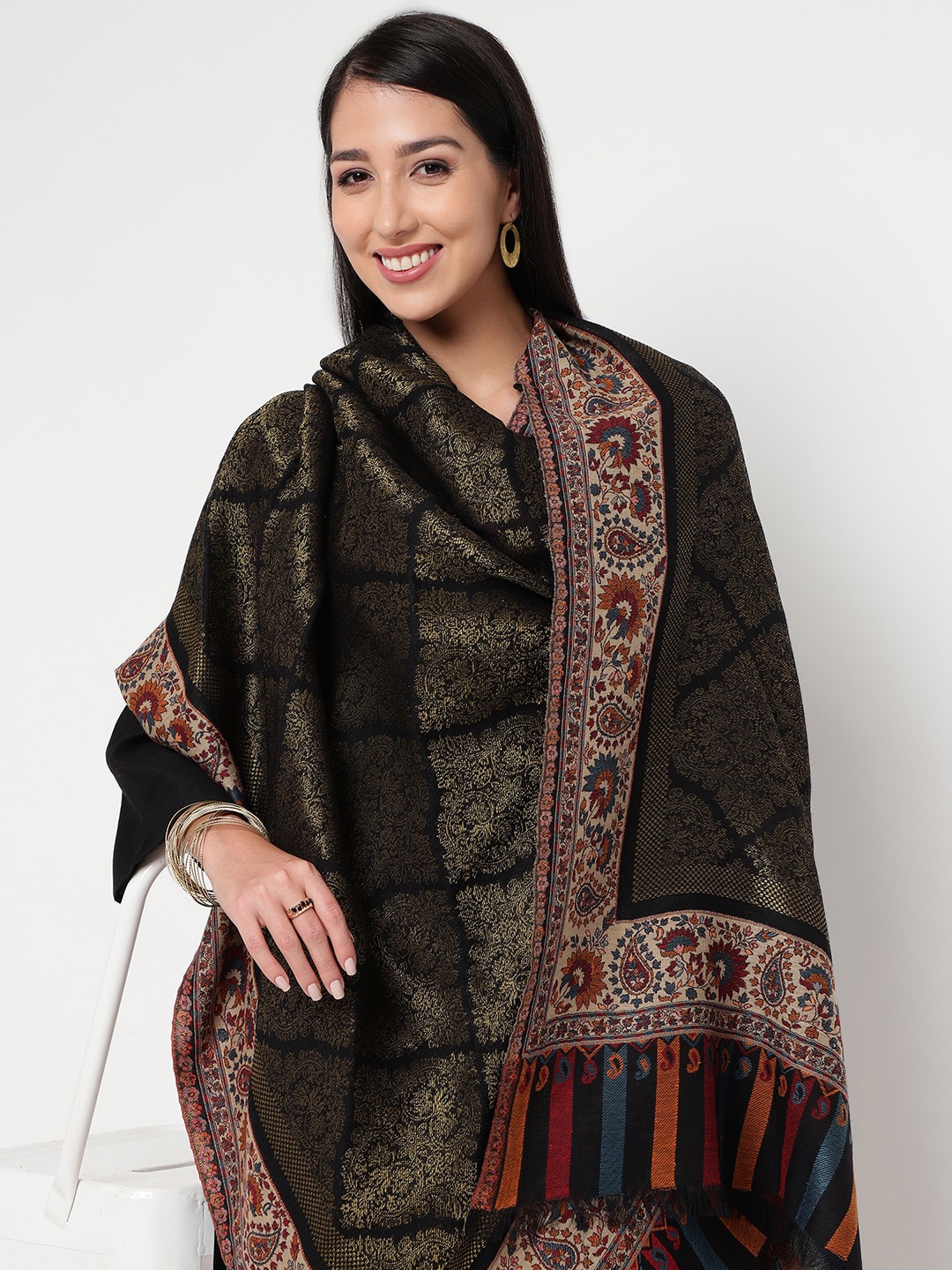 

La Vastraa Ethnic Motifs Woven Design Woollen Shawl, Black