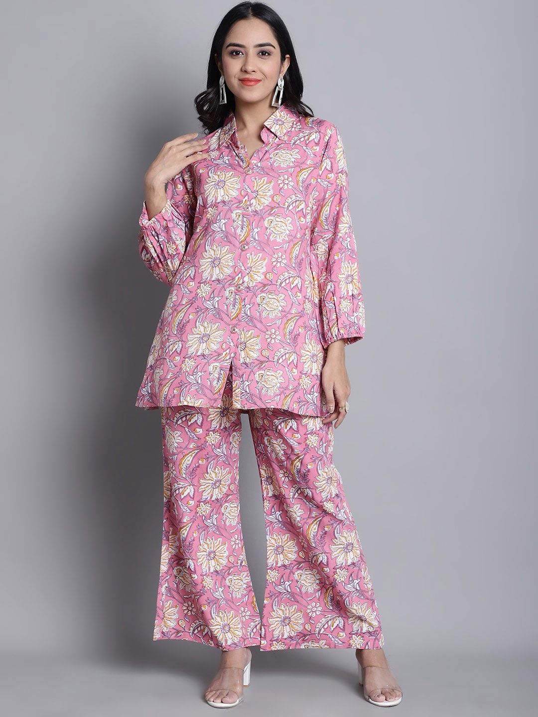 

KALINI Floral Printed Pure Cotton Kurti With Palazzos, Pink