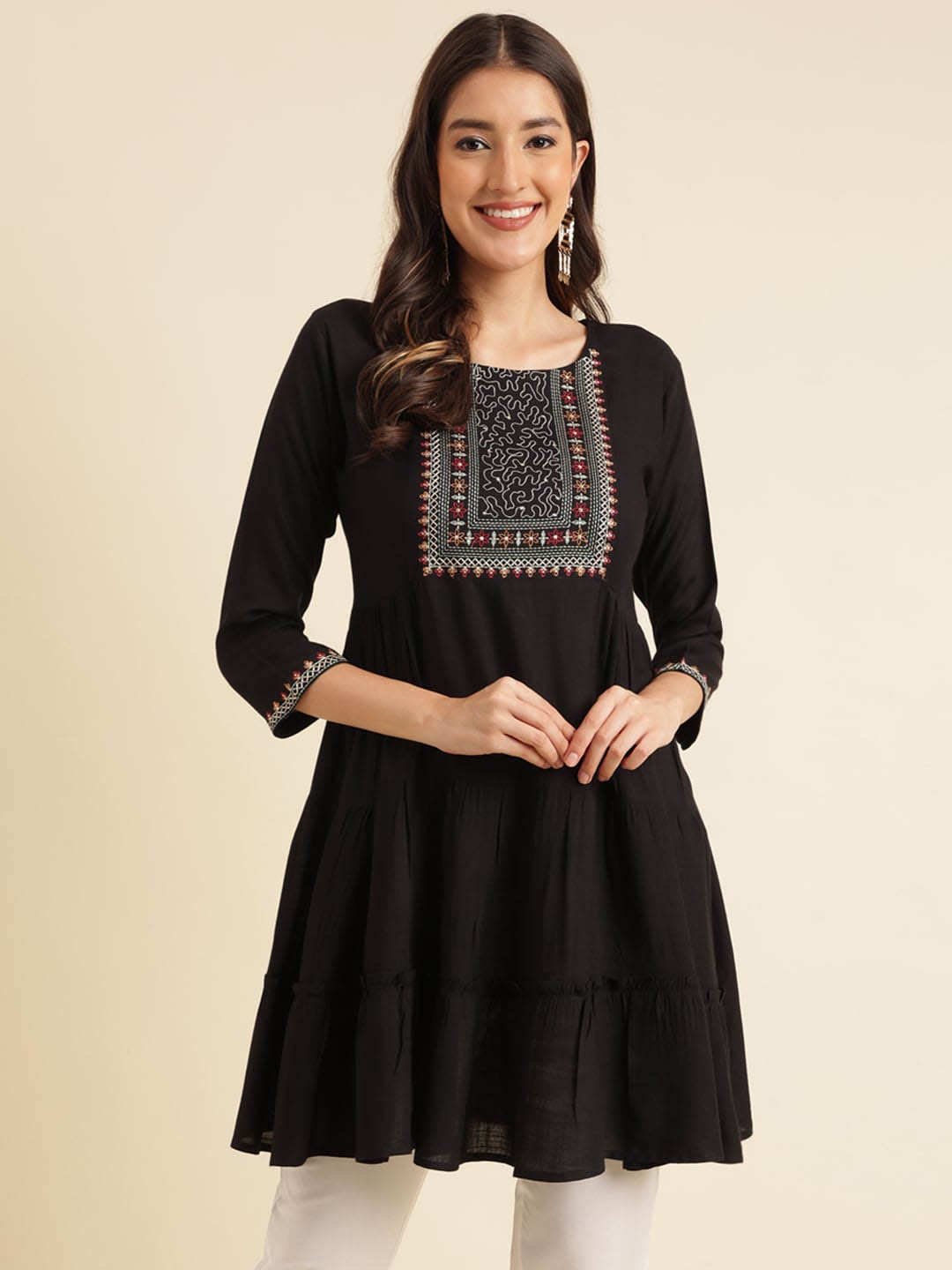 

Sangria Women Ethnic Motifs Embroidered A-Line Flared Top, Black