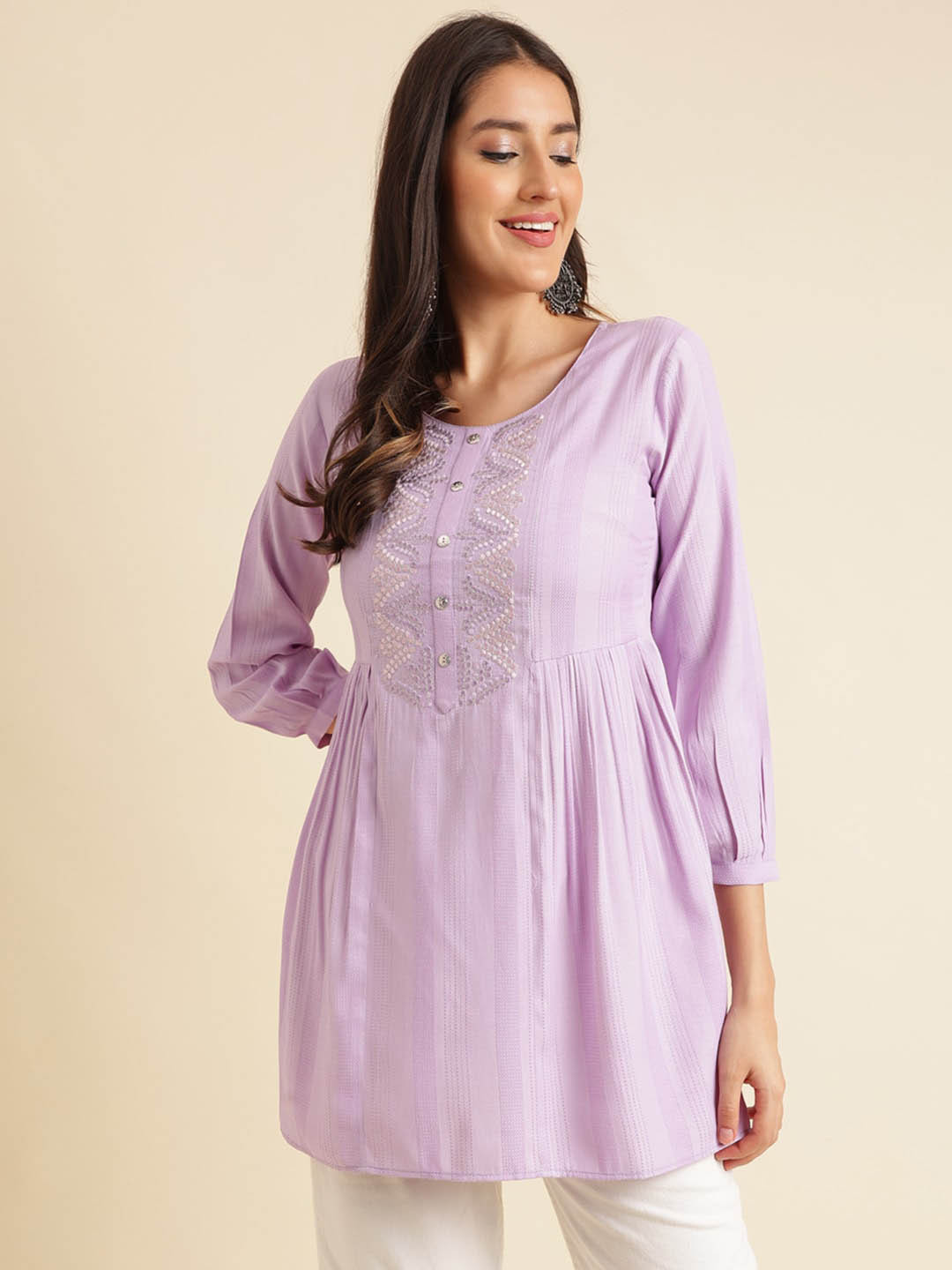

Sangria Ethnic Motifs Embroidered A-line Kurti, Lavender