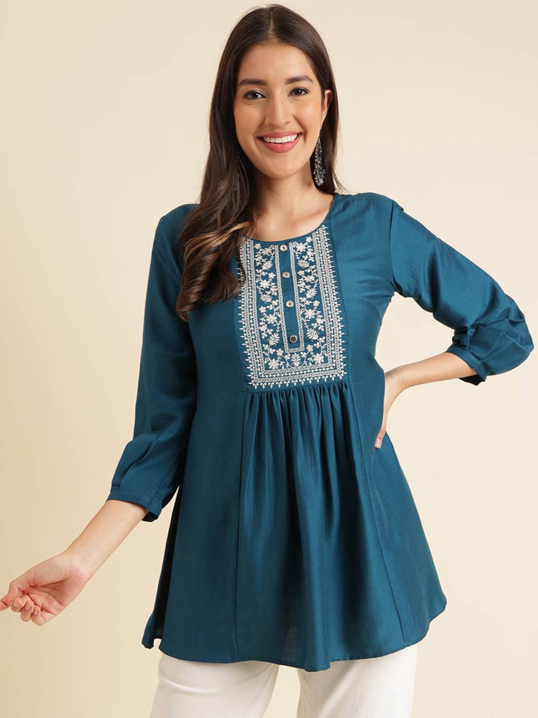 

Sangria Floral Embroidered A-Line Kurti, Teal