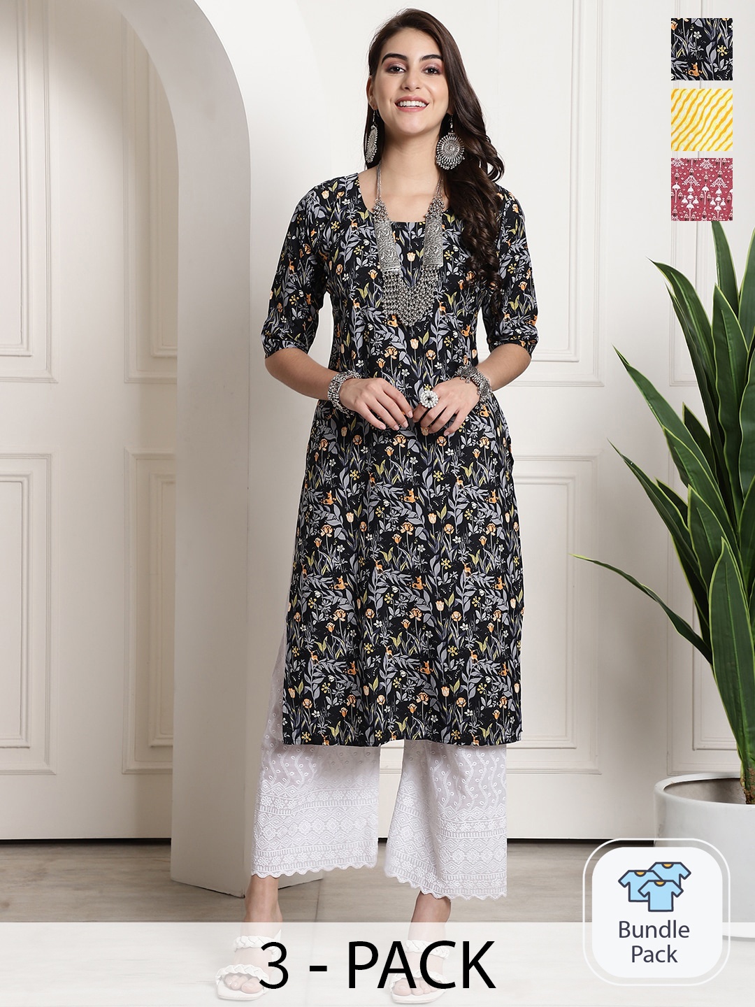 

7Threads Selection Of 3 Floral Printed Straight Kurtas, Black