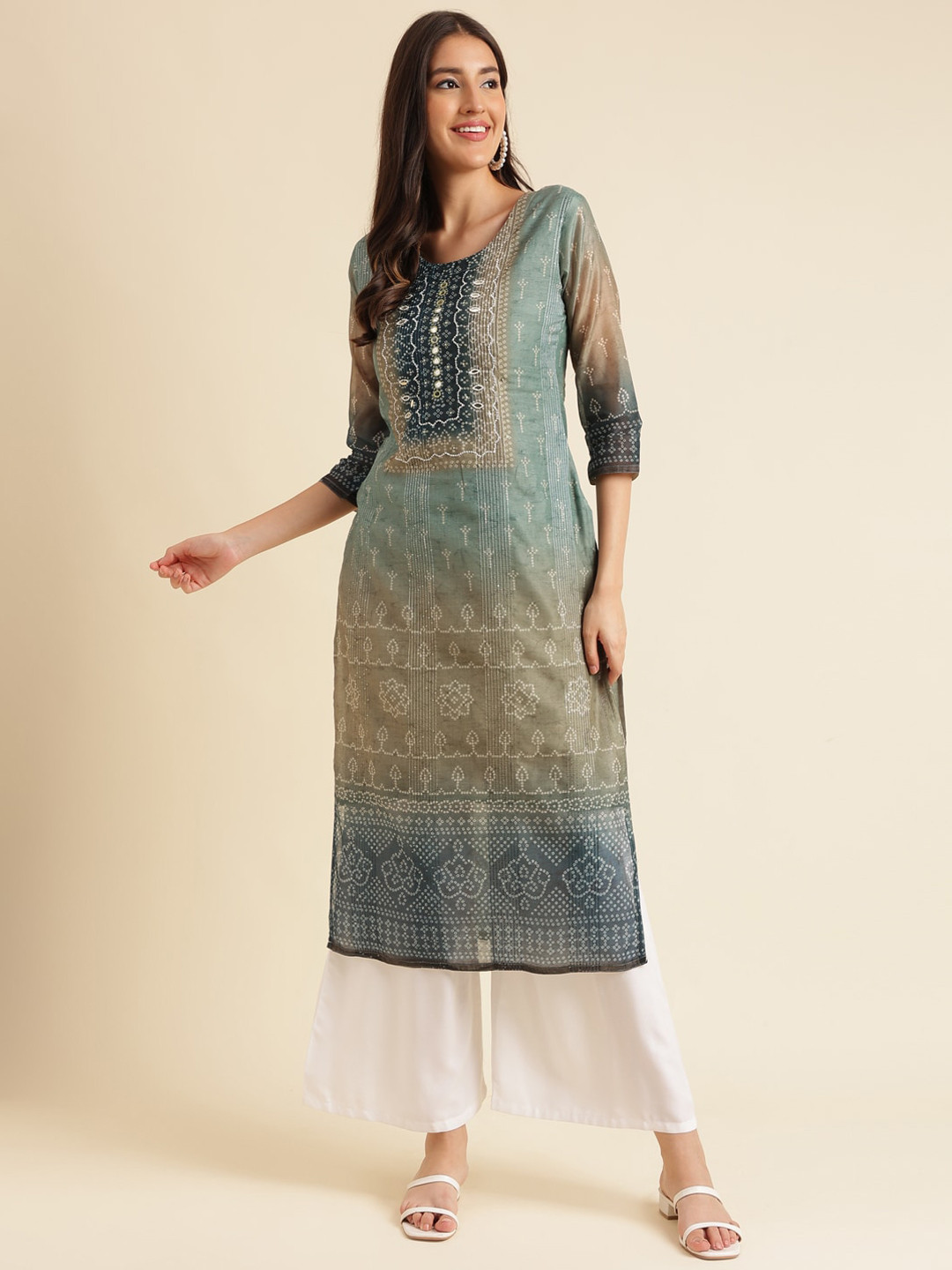 

Sangria Bandhani Printed Beads and Stones Straight Kurta, Blue