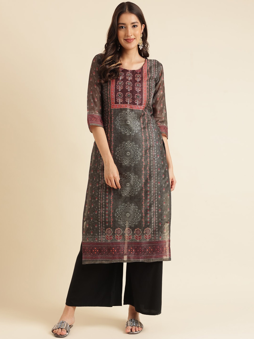 

Sangria Ethnic Motifs Printed Straight Kurtas, Grey