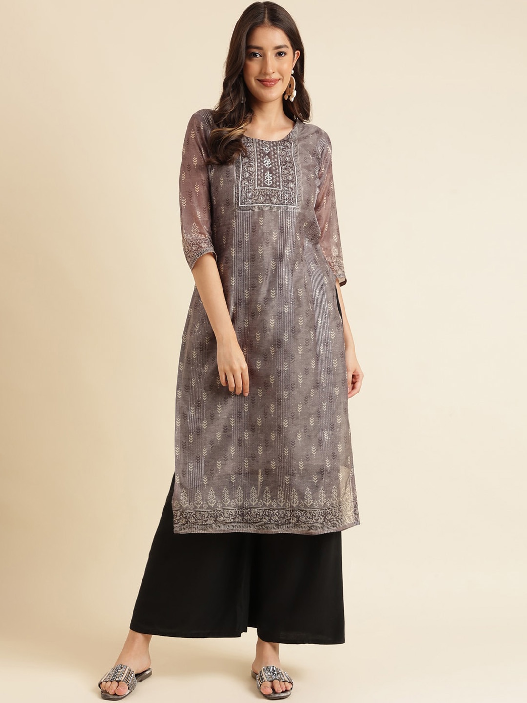 

Sangria Printed Straight Kurta, Grey