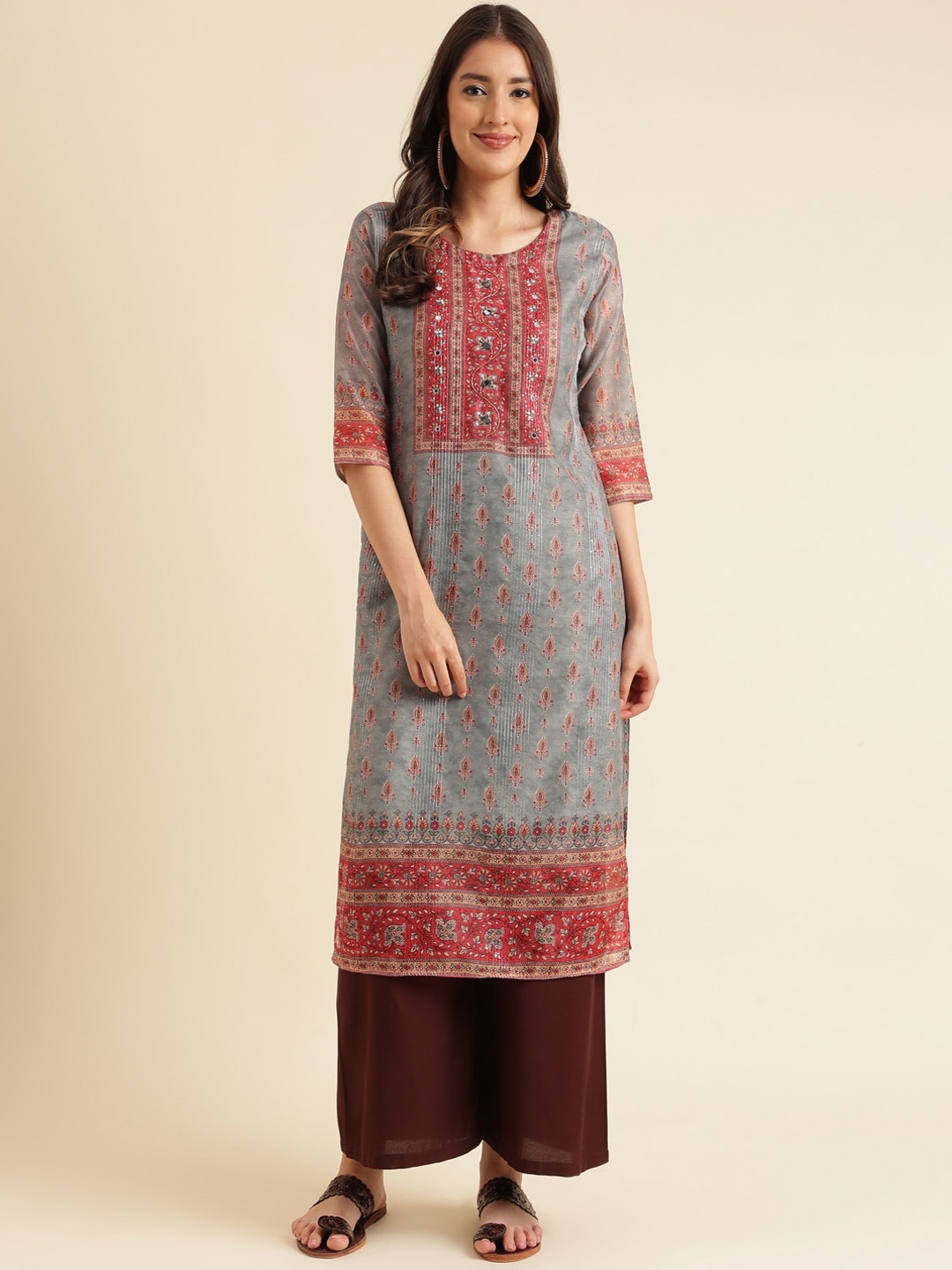 

Sangria Ethnic Motifs Printed Straight Kurta, Grey