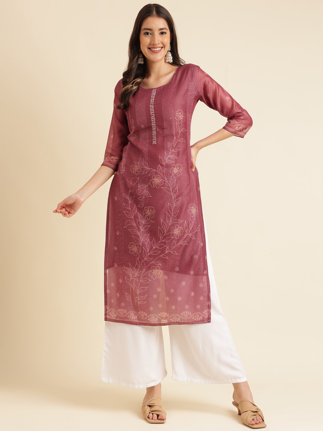 

Sangria Floral Printed Straight Kurta, Maroon