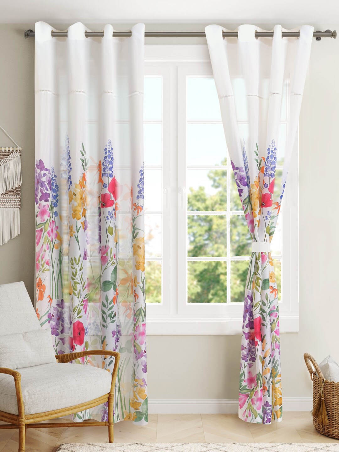 

BLANC9 White & Yellow 2 Pieces Floral Sheer Door Curtains