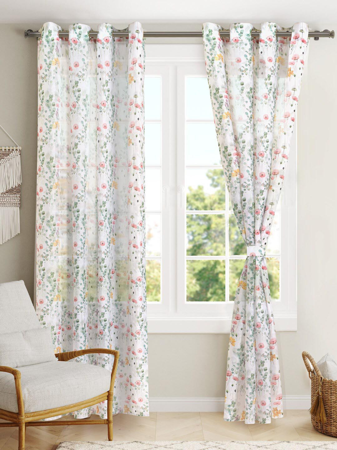 

BLANC9 White & Green 2 Pieces Floral Sheer Door Curtains