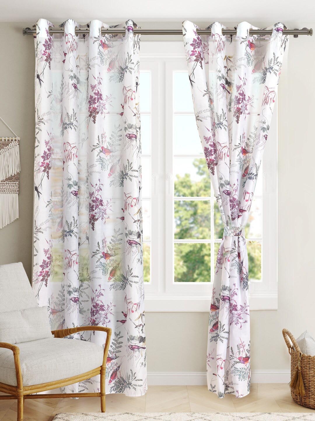 BLANC9 White & Purple 2 Pieces Floral Sheer Door Curtains