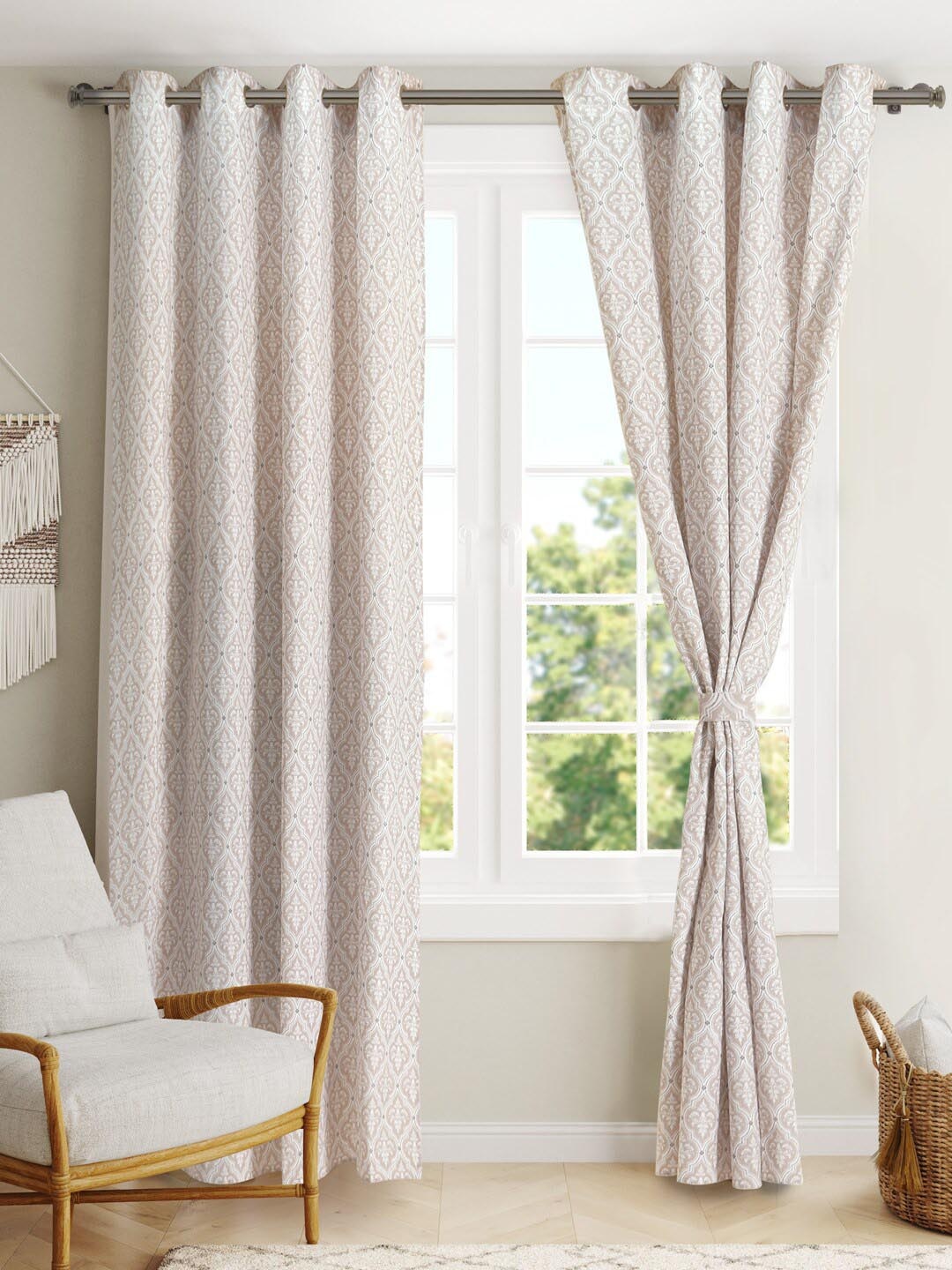 

BLANC9 2 Pcs Beige & White Ethnic Motifs Pure Cotton Door Curtains