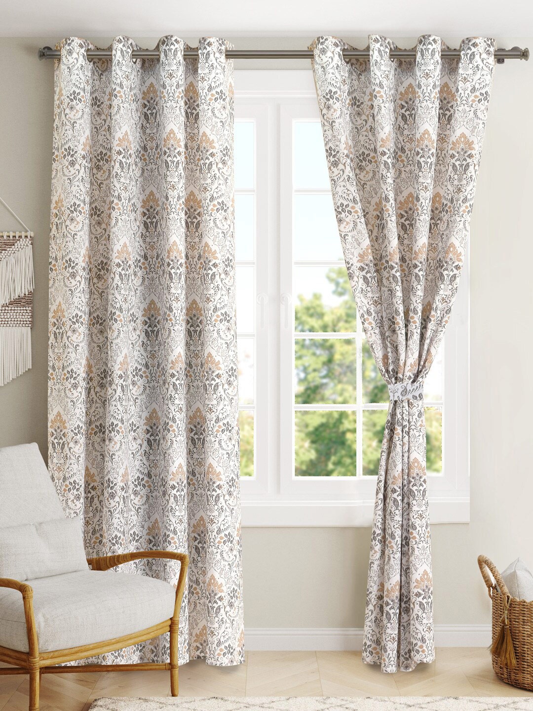 

BLANC9 2 Pcs White & Grey Ethnic Motifs Pure Cotton Door Curtains