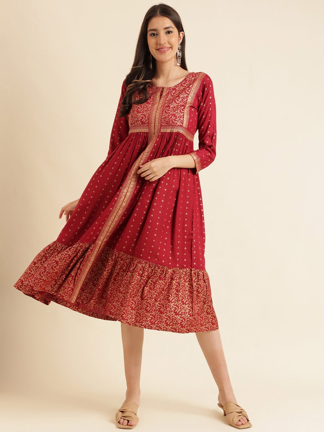 

HERE&NOW Maroon Floral Printed Gathered A-Line Dress