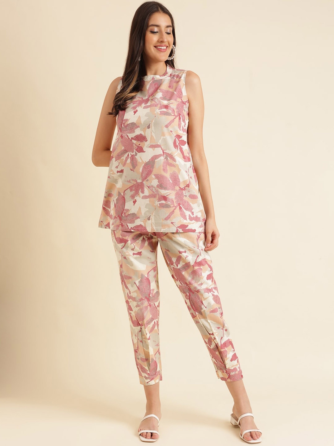 

HERE&NOW Floral Printed Top With Trousers, Beige