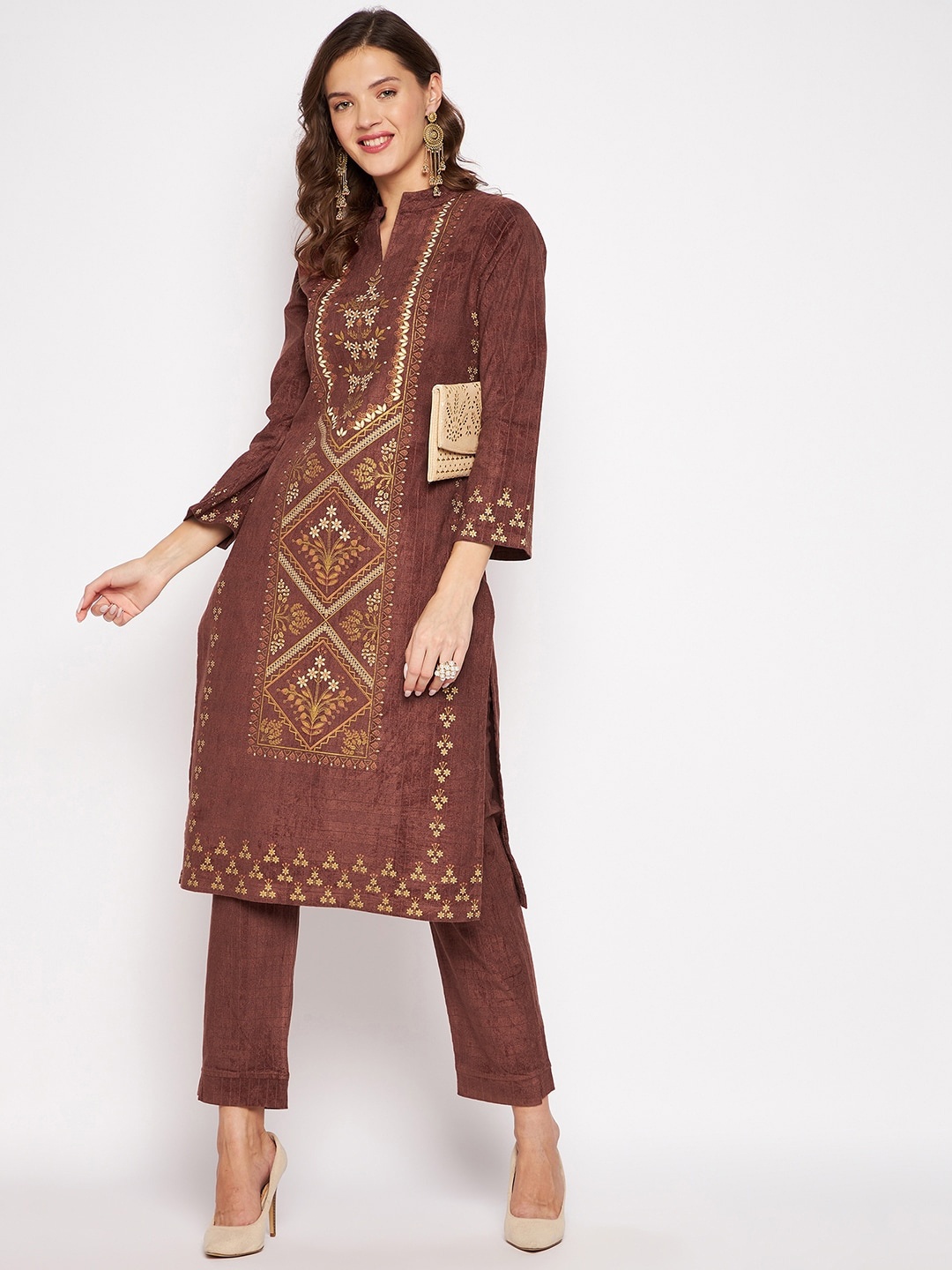 Zigo Winter Wear Floral Printed Regular Kurta With Trousers, Brown
