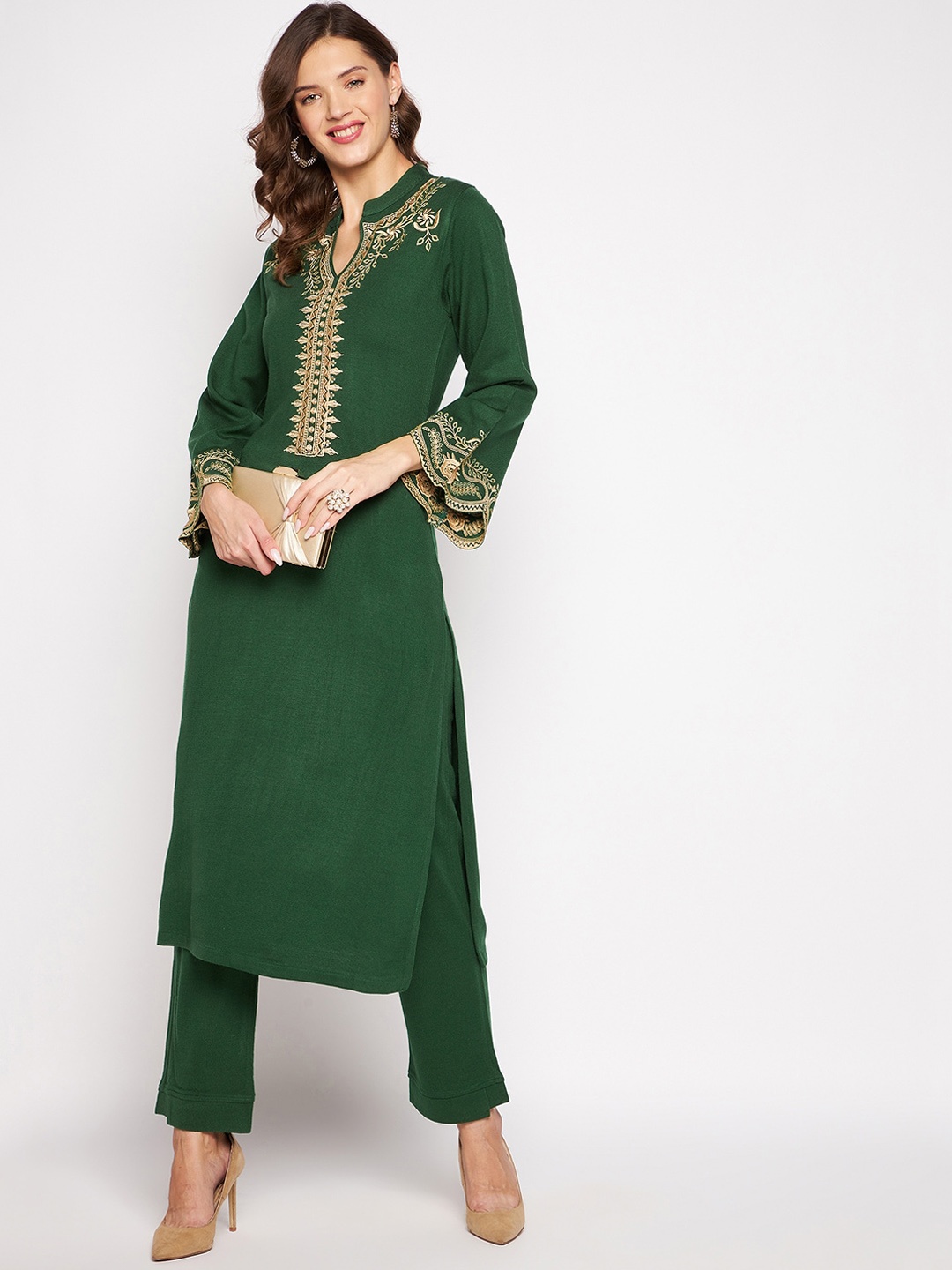 

Zigo Ethnic Motifs Yoke Design Regular Thread Work Kurta With Trousers, Green