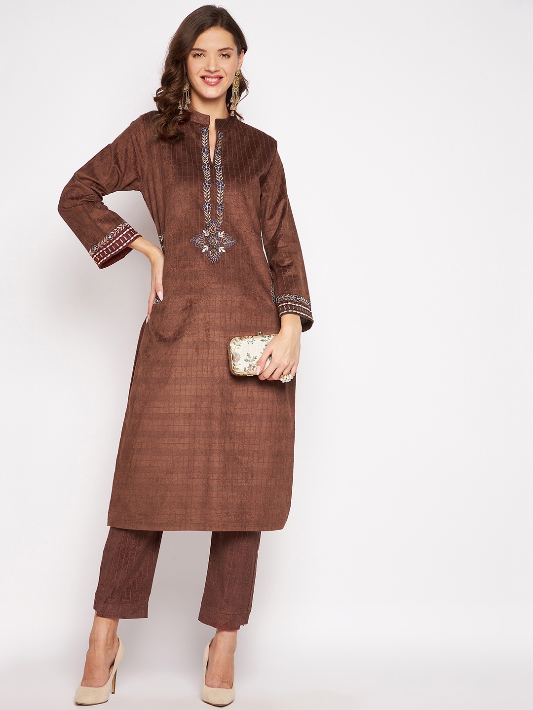 

Zigo Winter Wear Floral Yoke Design Regular Thread Work Velvet Kurta With Trousers, Brown