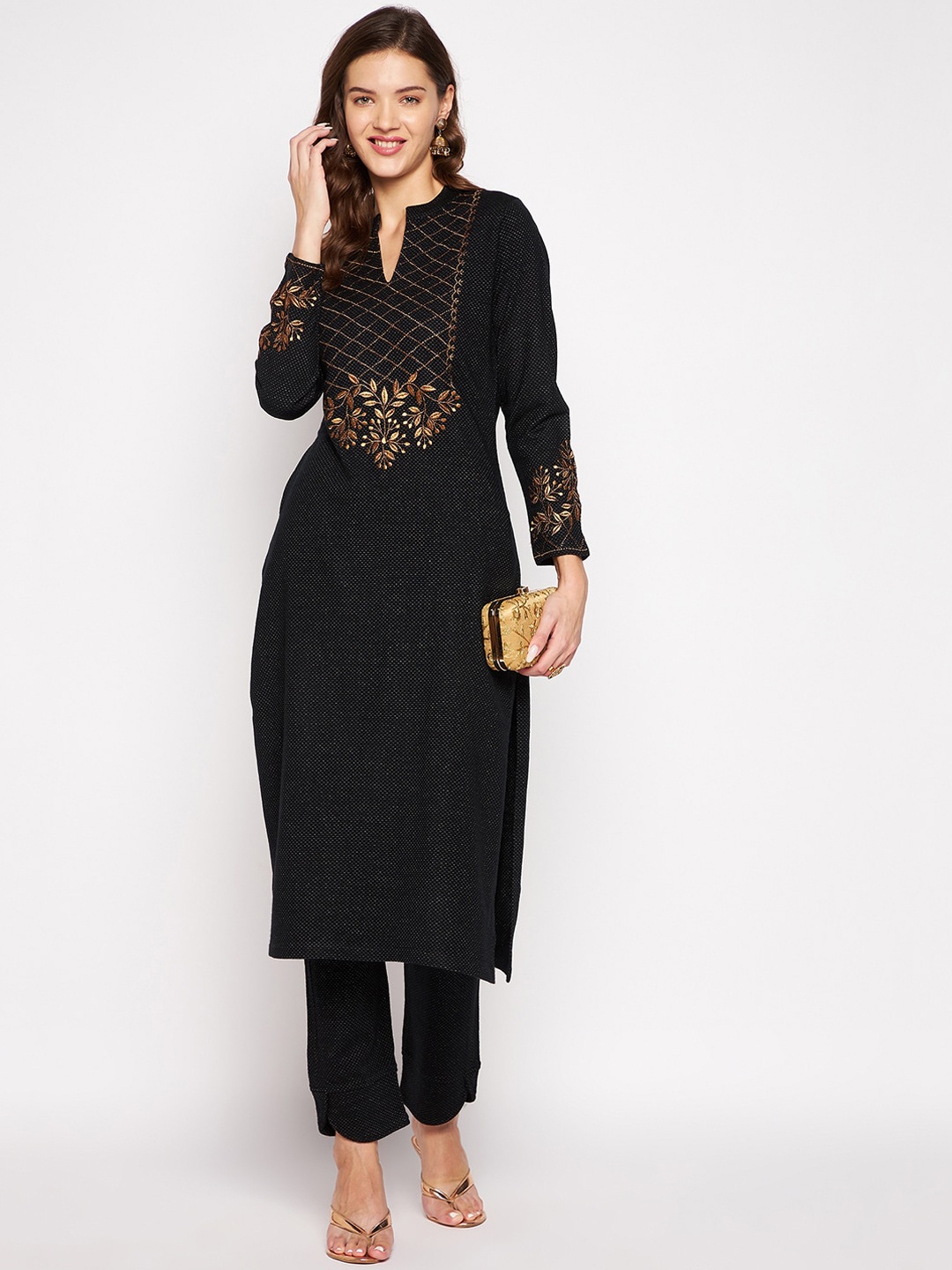 

Zigo Winter Wear Floral Yoke Design Regular Thread Work Kurta With Trousers, Black