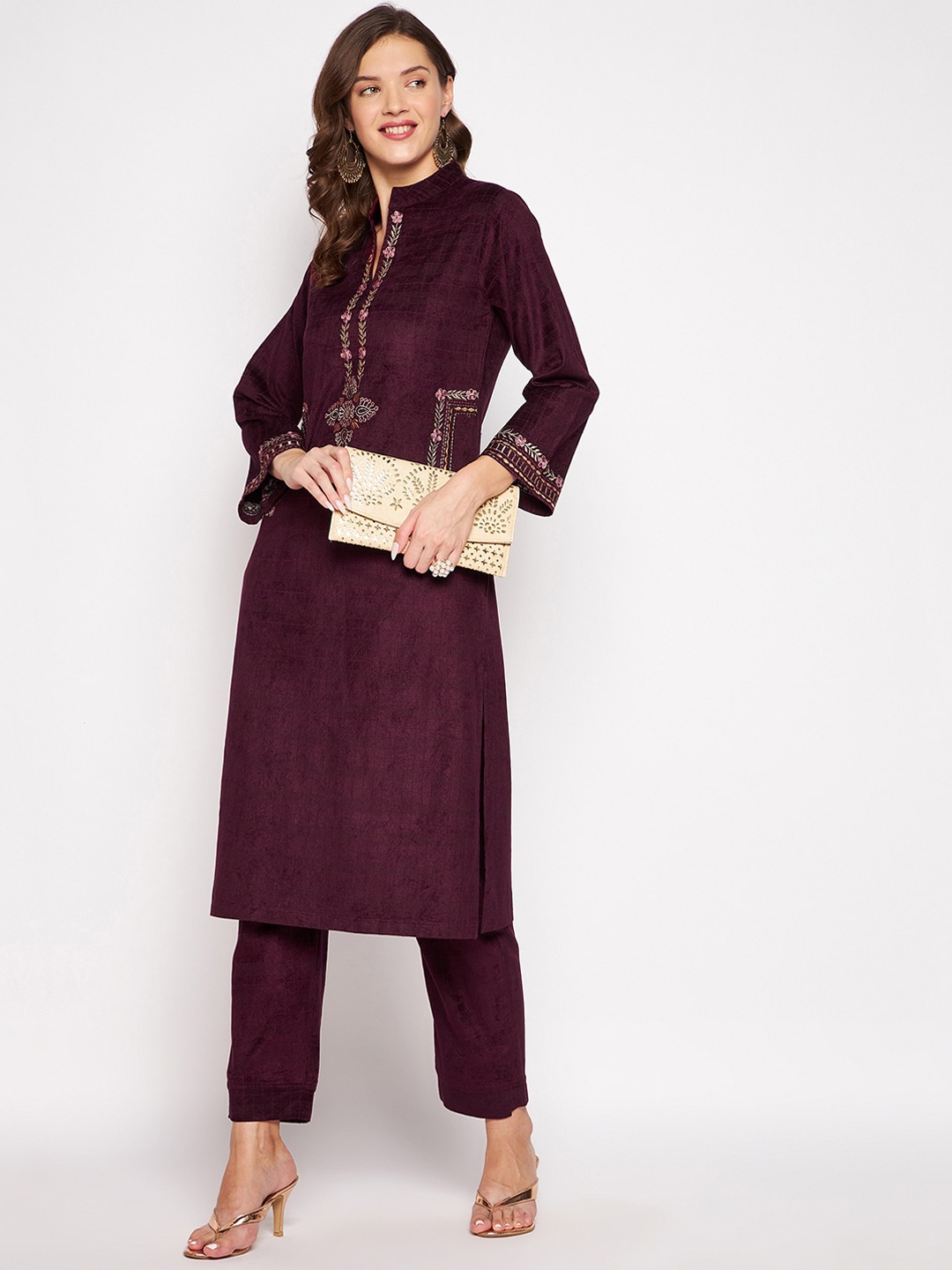 

Zigo Winter Wear Women Maroon Floral Yoke Design Regular Thread Work Velvet Kurta with Trousers
