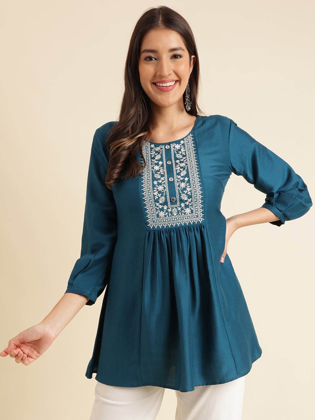 

HERE&NOW Women Floral Embroidered A-Line Top, Teal