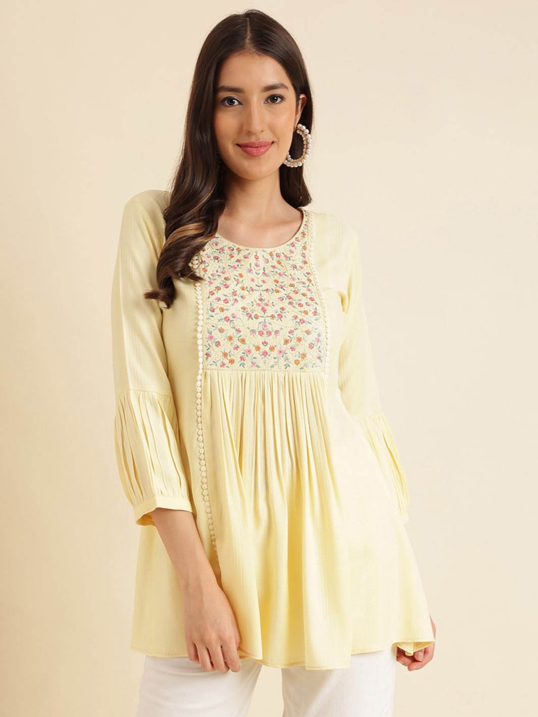 

HERE&NOW Floral Embroidered Ethnic Tunics, Yellow