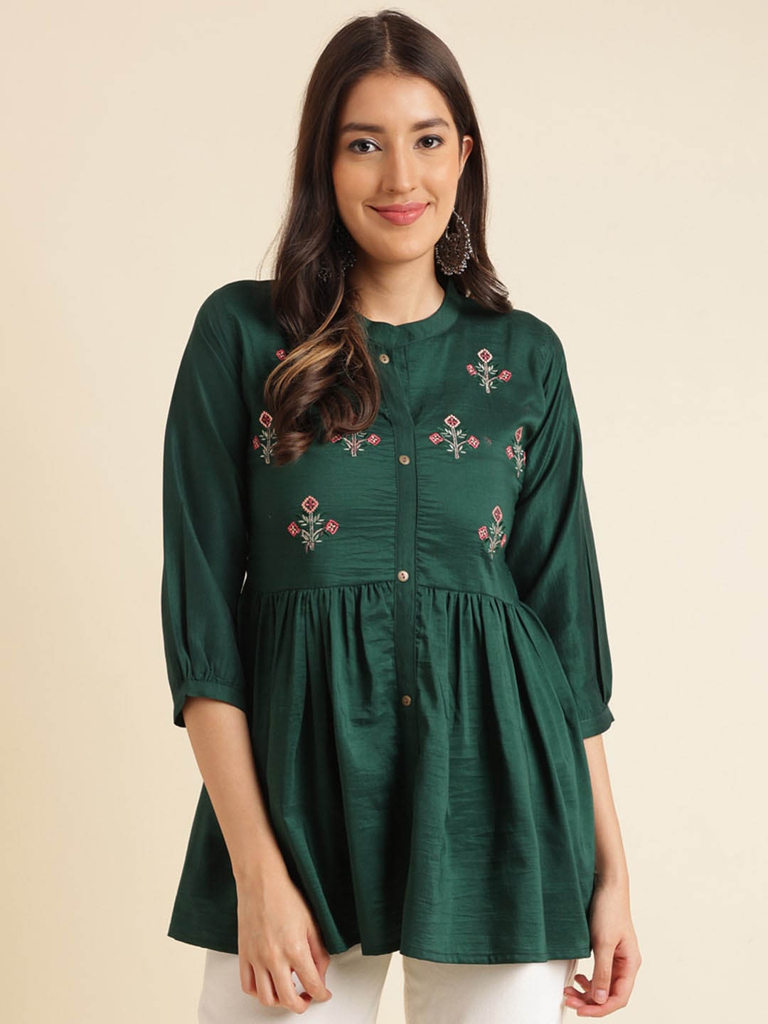

HERE&NOW Floral Embroidered A-Line Top, Green